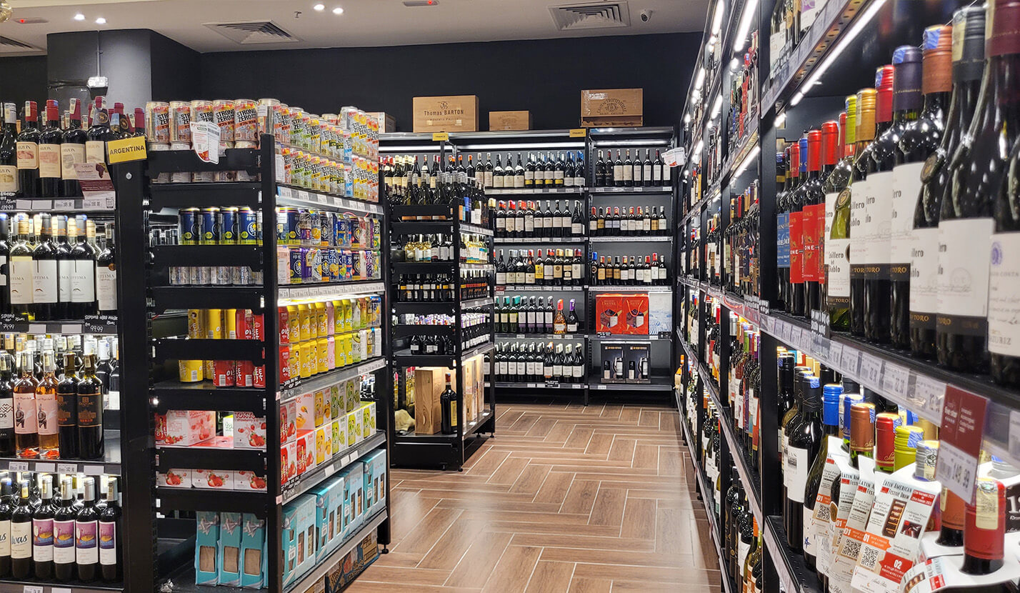 California liquor store with rows of alcohol bottles